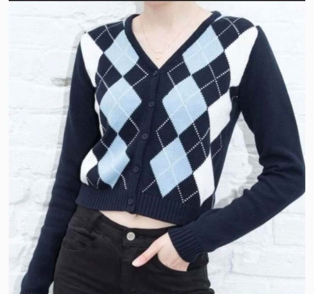 Brandy Melville Blue, White, and Black Argyle V-Neck Button-Up Cardigan